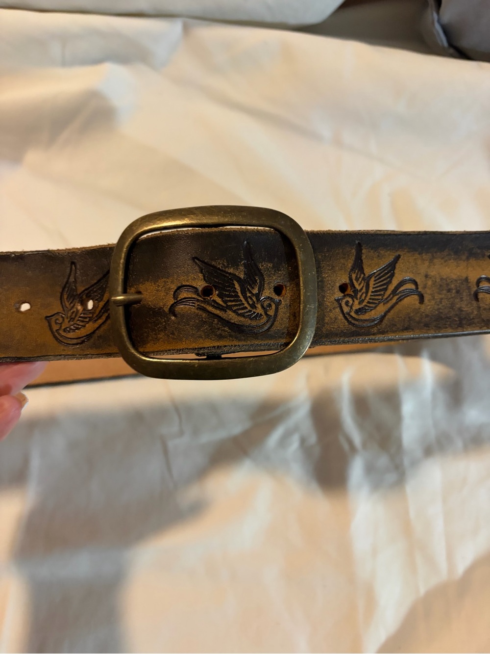 Sparrow, distressed Leather Belt embossed Tooled vintage-aged western made inUSA
